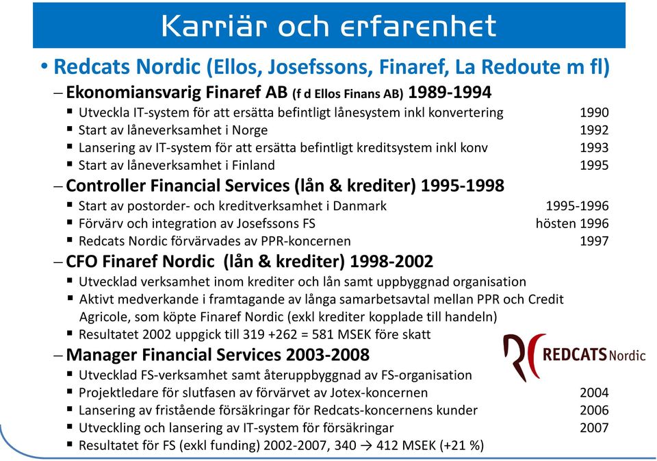 Services (lån & krediter) 1995-1998 Start av postorder- och kreditverksamhet i Danmark 1995-1996 Förvärv och integration av Josefssons FS hösten 1996 Redcats Nordic förvärvades av PPR-koncernen 1997