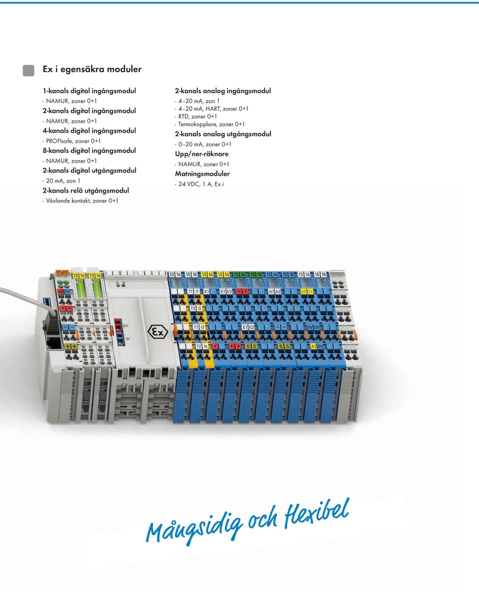 utgångsmodul --Växlande kontakt, zoner 0+1 2-kanals analog ingångsmodul --4 20 ma, zon 1 --4 20 ma, HART, zoner 0+1 --RTD, zoner 0+1