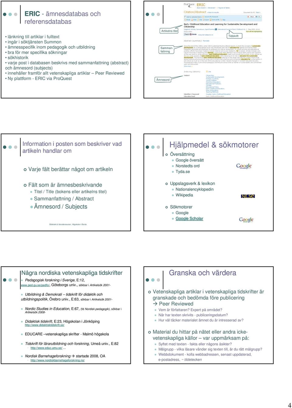 Ämnesord Tidskrift Information i posten som beskriver vad artikeln handlar om Varje fält berättar något om artikeln Fält som är ämnesbeskrivande Titel / Title (bokens eller artikelns titel)