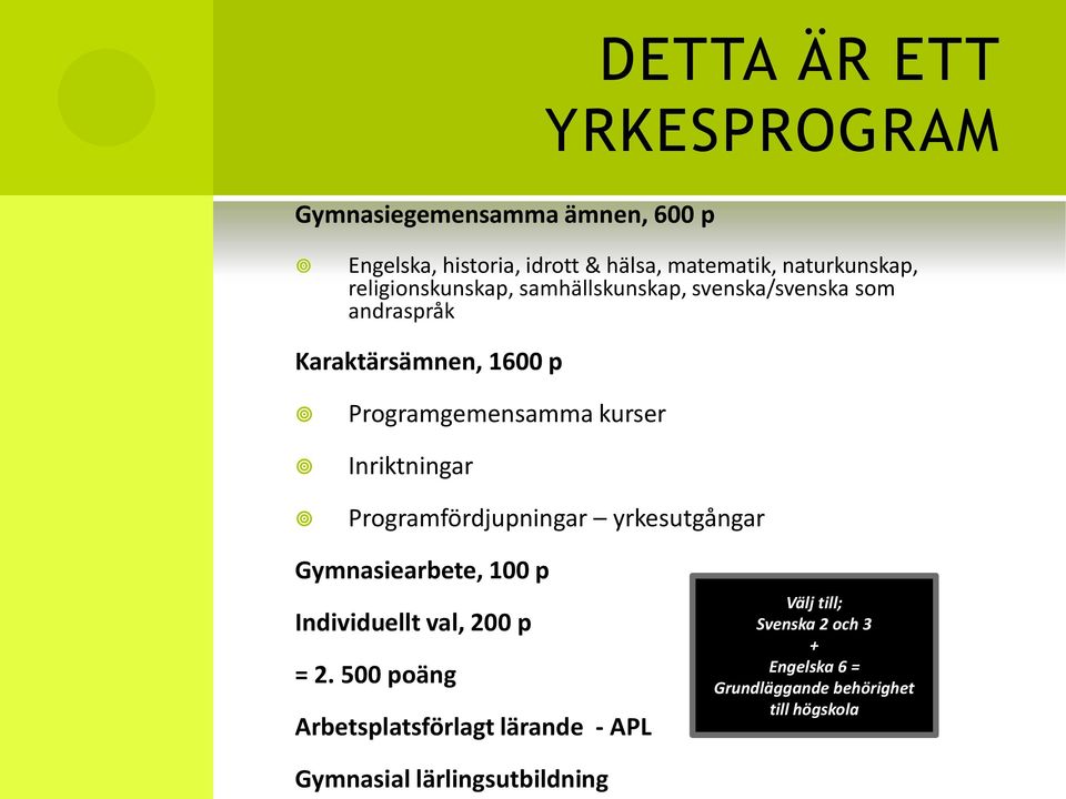 Inriktningar Programfördjupningar yrkesutgångar Gymnasiearbete, 100 p Individuellt val, 200 p = 2.