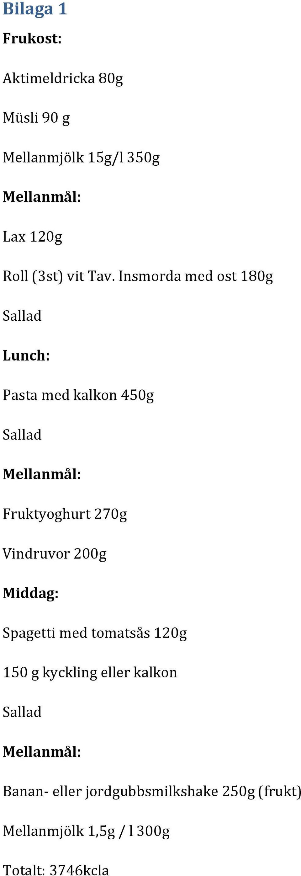 Insmorda med ost 180g Sallad Lunch: Pasta med kalkon 450g Sallad Mellanmål: Fruktyoghurt 270g