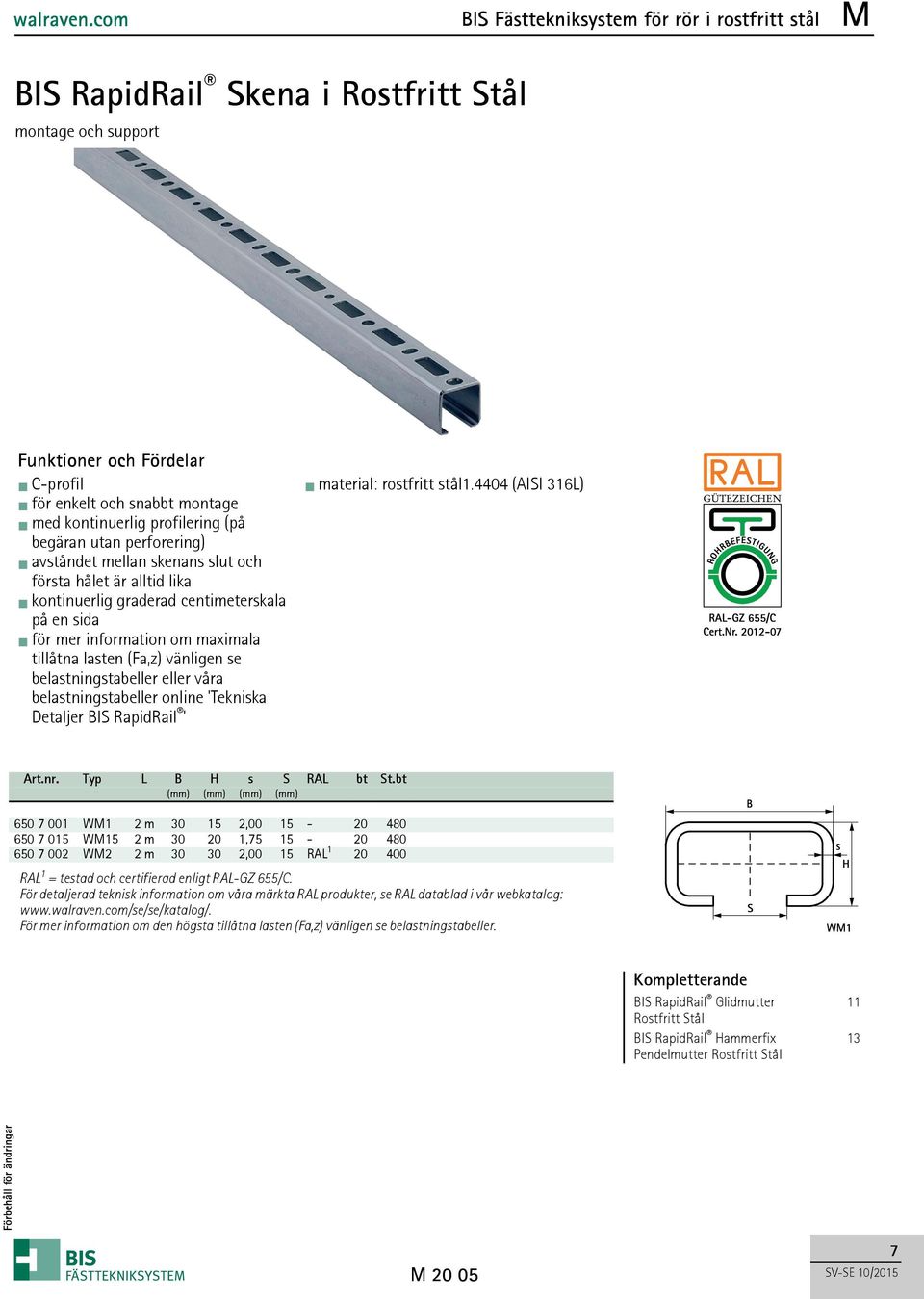 belastningstabeller eller våra belastningstabeller online 'Tekniska Detaljer BIS RapidRail ' material: rostfritt stål1.4404 (AISI 316L) Art.nr. Typ L B H s S RAL bt St.