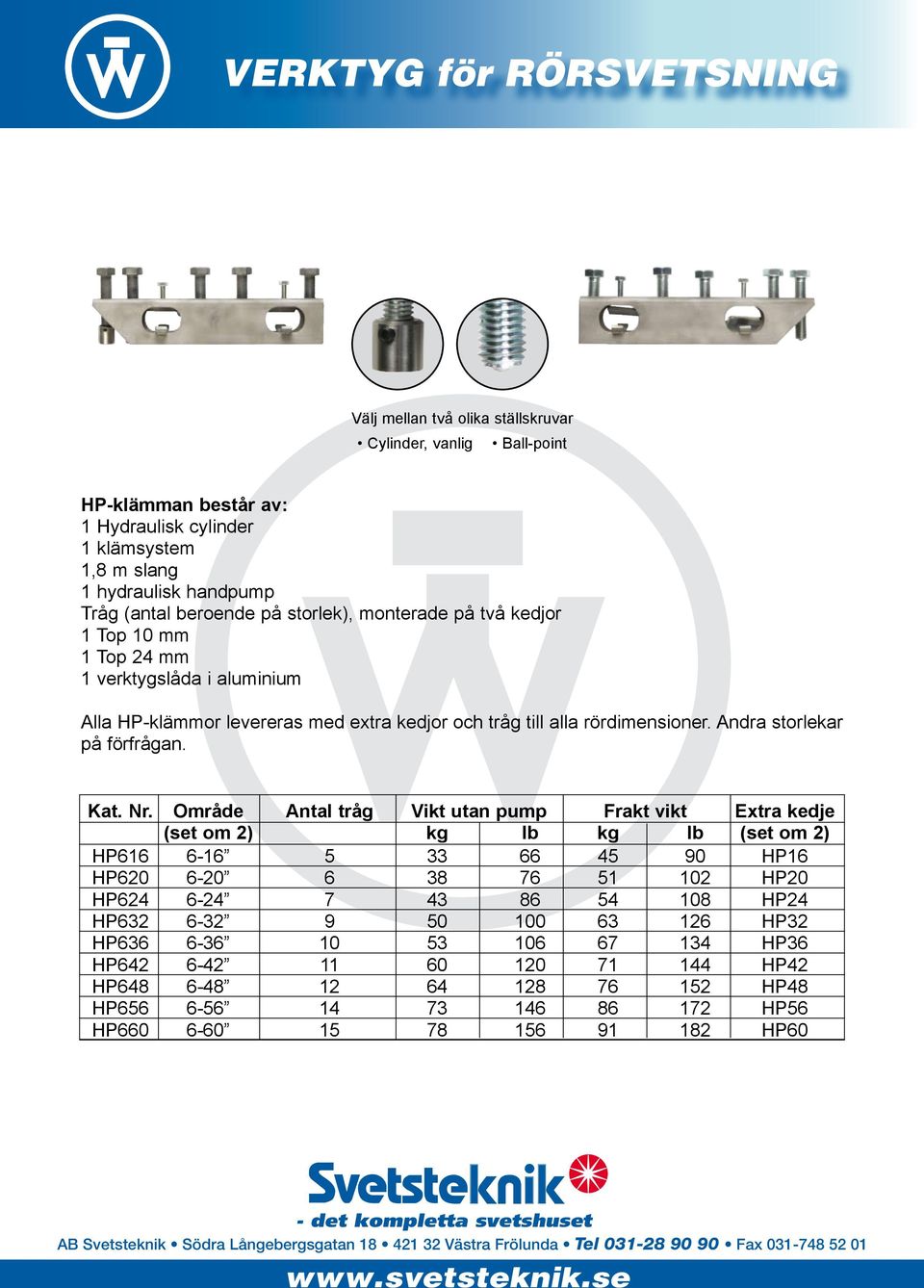 Nr. Område Antal tråg Vikt utan pump Frakt vikt Extra kedje (set om 2) kg lb kg lb (set om 2) HP616 6-16 5 33 66 45 90 HP16 HP620 6-20 6 38 76 51 102 HP20 HP624 6-24 7 43 86 54 108 HP24 HP632 6-32 9