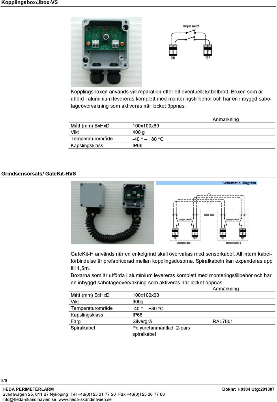 Mått (mm) BxHxD Temperaturområde Kapslingsklass 100x100x60 400 g 40 +80 C IP66 Grindsensorsats/ GateKit-HVS GateKit-H används när en enkelgrind skall övervakas med sensorkabel.