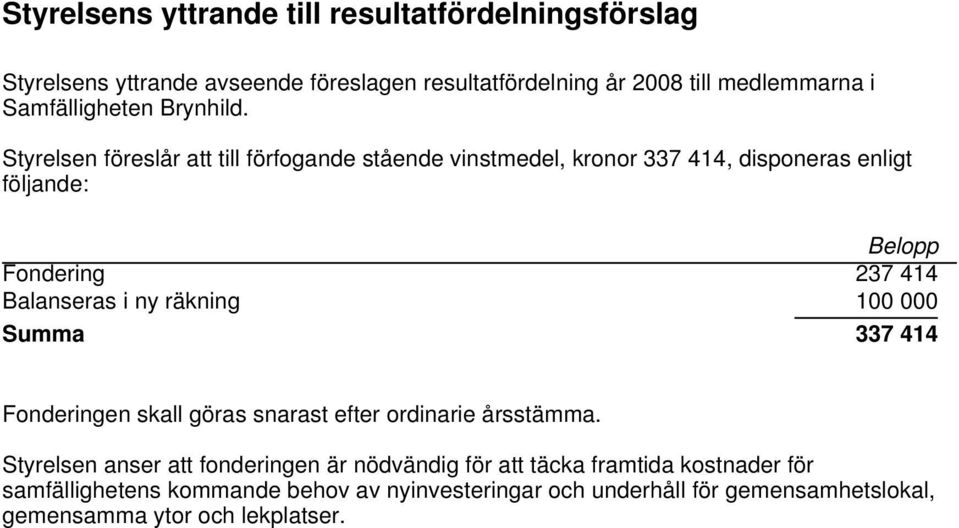 Styrelsen föreslår att till förfogande stående vinstmedel, kronor 337 414, disponeras enligt följande: Belopp Fondering 237 414 Balanseras i ny