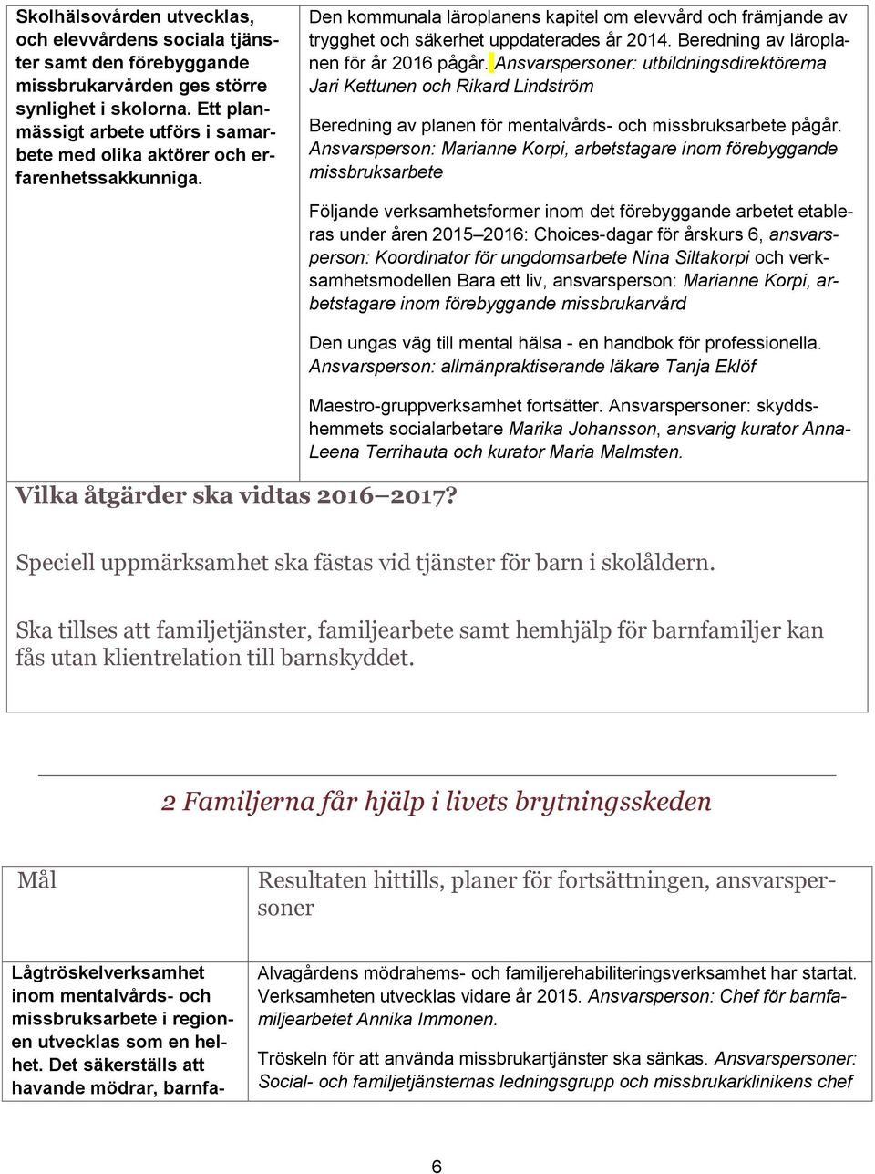 Beredning av läroplanen för år 2016 pågår. Ansvarspersoner: utbildningsdirektörerna Jari Kettunen och Rikard Lindström Beredning av planen för mentalvårds- och missbruksarbete pågår.