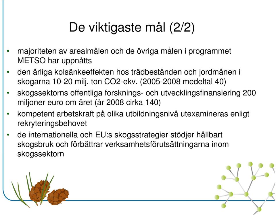 (2005-2008 medeltal 40) skogssektorns offentliga forsknings- och utvecklingsfinansiering 200 miljoner euro om året (år 2008 cirka 140)