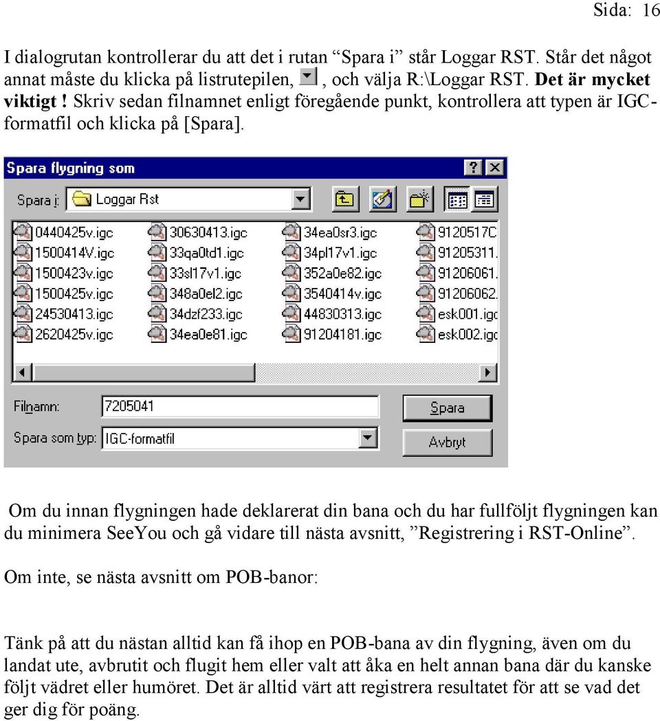 Om du innan flygningen hade deklarerat din bana och du har fullföljt flygningen kan du minimera SeeYou och gå vidare till nästa avsnitt, Registrering i RST-Online.