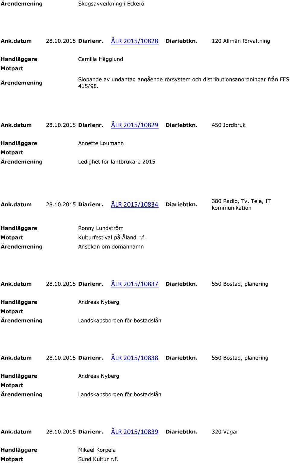 450 Jordbruk Annette Loumann Ledighet för lantbrukare 2015 Ank.datum 28.10.2015 Diarienr. ÅLR 2015/10834 Diariebtkn.