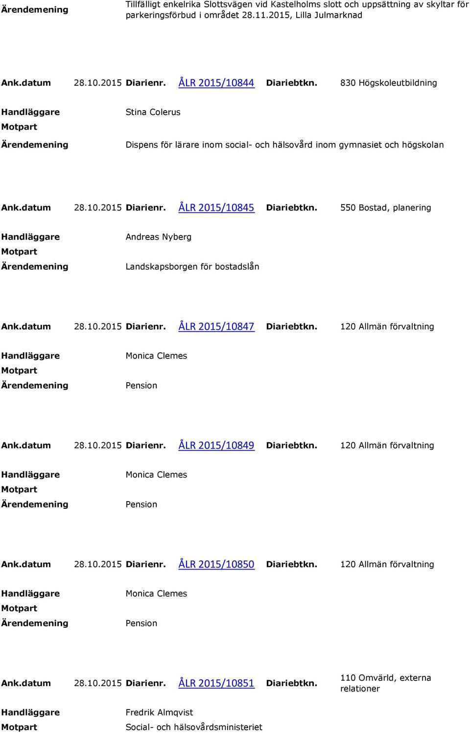 ÅLR 2015/10845 Diariebtkn. 550 Bostad, planering Ank.datum 28.10.2015 Diarienr. ÅLR 2015/10847 Diariebtkn. 120 Allmän förvaltning Ank.datum 28.10.2015 Diarienr. ÅLR 2015/10849 Diariebtkn.