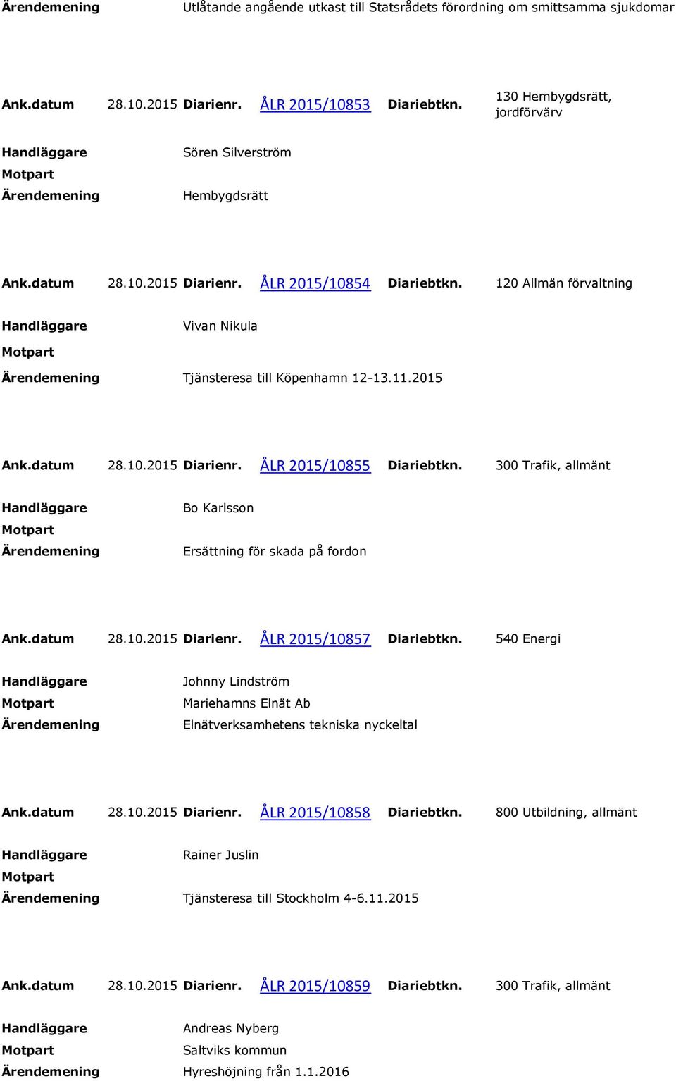 datum 28.10.2015 Diarienr. ÅLR 2015/10855 Diariebtkn. 300 Trafik, allmänt Bo Karlsson Ersättning för skada på fordon Ank.datum 28.10.2015 Diarienr. ÅLR 2015/10857 Diariebtkn.