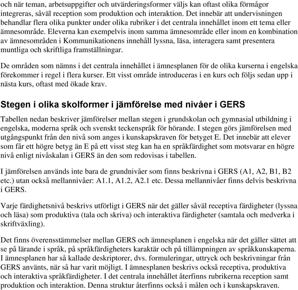 Eleverna kan exempelvis inom samma ämnesområde eller inom en kombination av ämnesområden i Kommunikationens innehåll lyssna, läsa, interagera samt presentera muntliga och skriftliga framställningar.