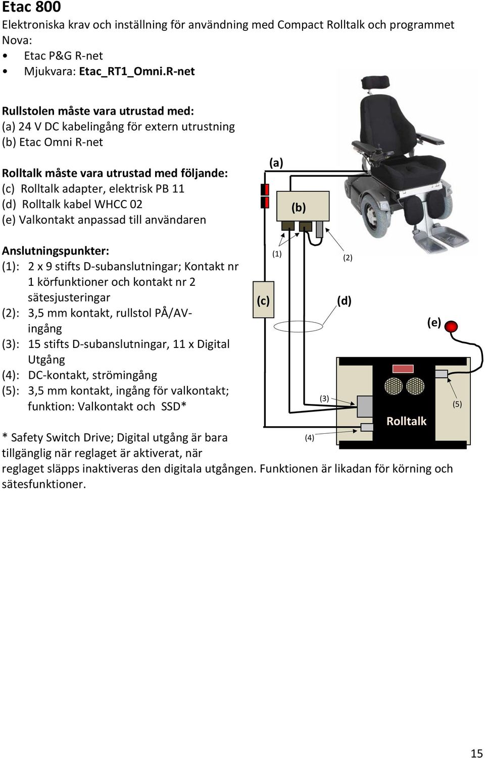 Rolltalk kabel WHCC 02 (e) Valkontakt anpassad till användaren (a) (b) Anslutningspunkter: (1): 2 x 9 stifts D-subanslutningar; Kontakt nr 1 körfunktioner och kontakt nr 2 sätesjusteringar (2): 3,5