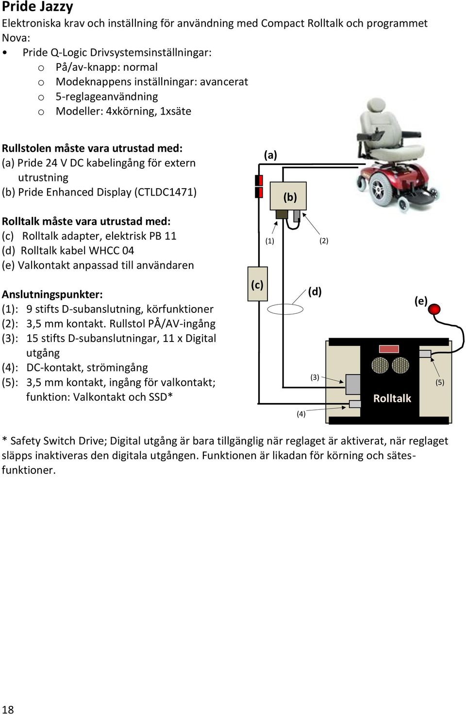 måste vara utrustad med: (c) Rolltalk adapter, elektrisk PB 11 (d) Rolltalk kabel WHCC 04 (e) Valkontakt anpassad till användaren (a) (b) (b) (1) (2) Anslutningspunkter: (1): 9 stifts
