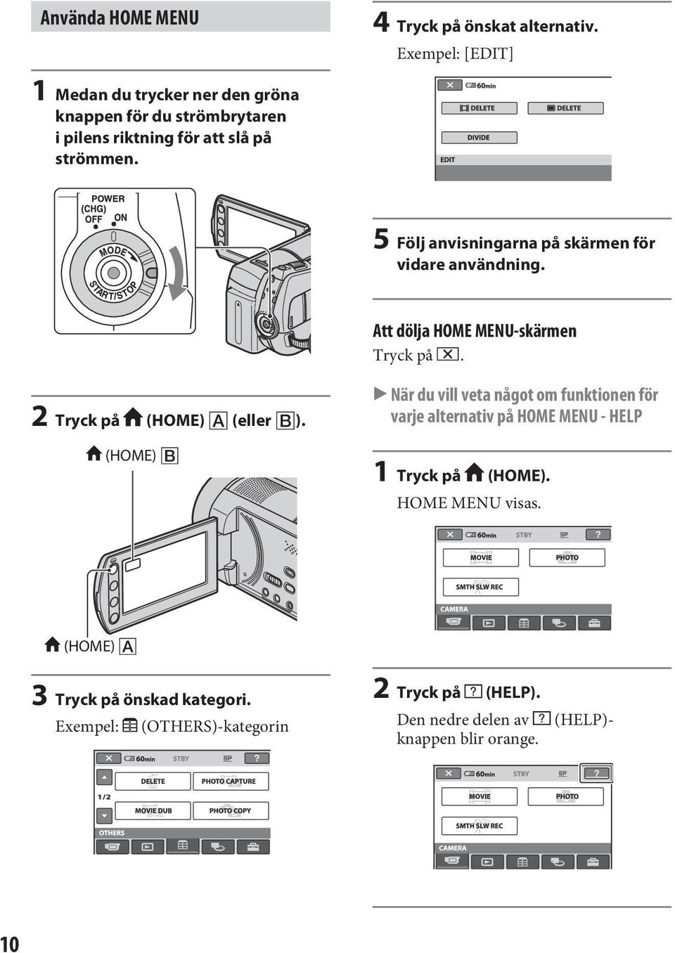 5 Följ anvisningarna på skärmen för vidare användning. Att dölja HOME MENU-skärmen Tryck på. 2 Tryck på (HOME) (eller ).