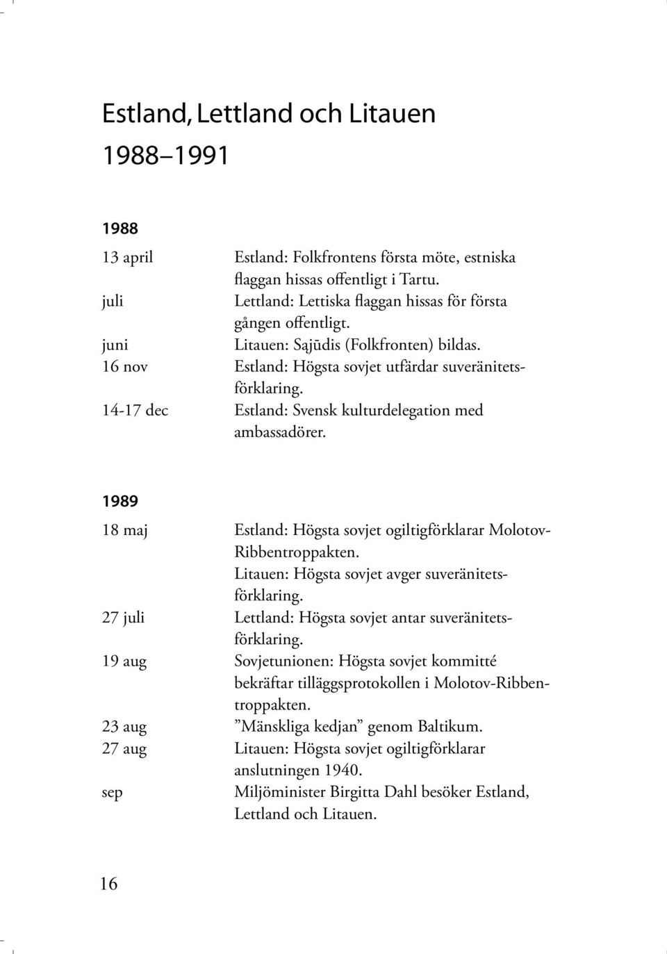 14-17 dec Estland: Svensk kulturdelegation med ambassadörer. 1989 18 maj Estland: Högsta sovjet ogiltigförklarar Molotov- Ribbentroppakten. Litauen: Högsta sovjet avger suveränitetsförklaring.