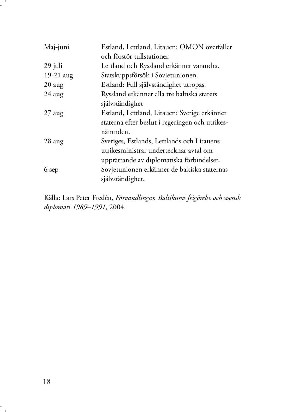 24 aug Ryssland erkänner alla tre baltiska staters självständighet 27 aug Estland, Lettland, Litauen: Sverige erkänner staterna efter beslut i regeringen och utrikesnämnden.