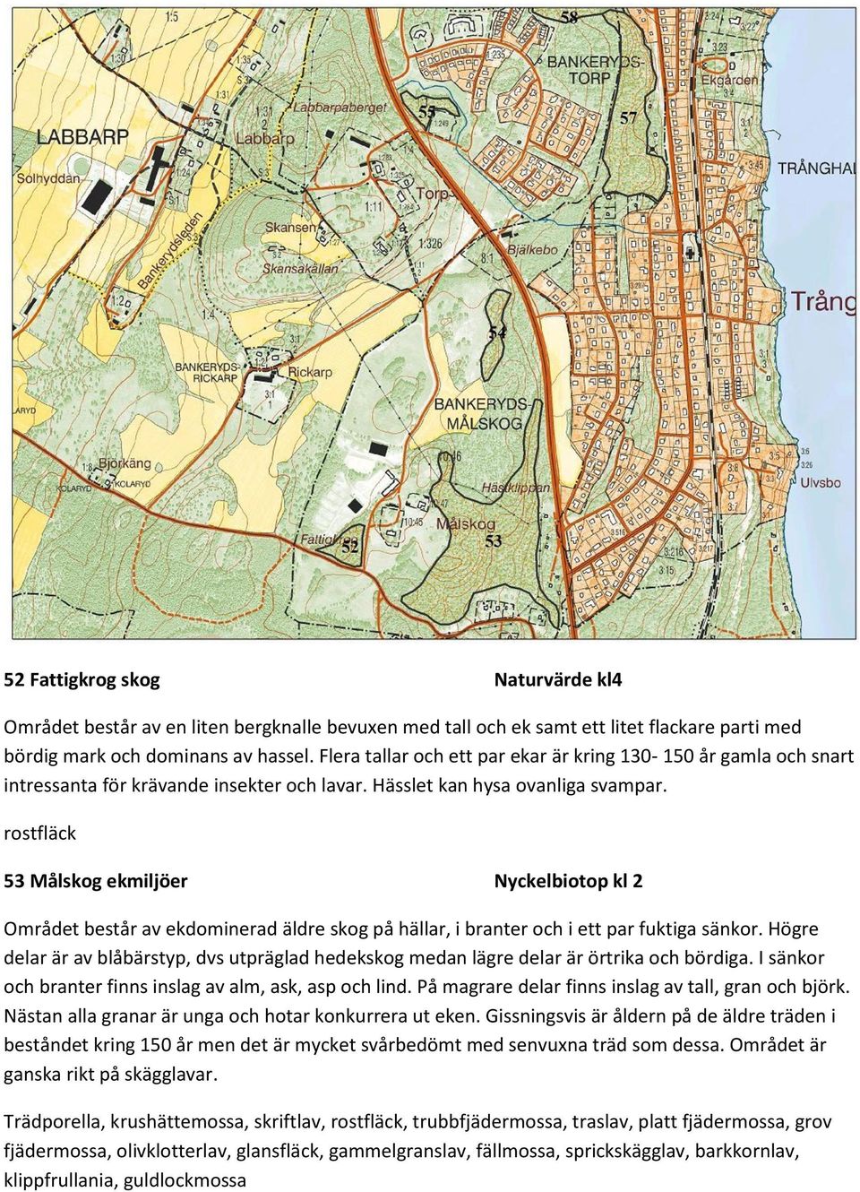 rostfläck 53 Målskog ekmiljöer Nyckelbiotop kl 2 Området består av ekdominerad äldre skog på hällar, i branter och i ett par fuktiga sänkor.