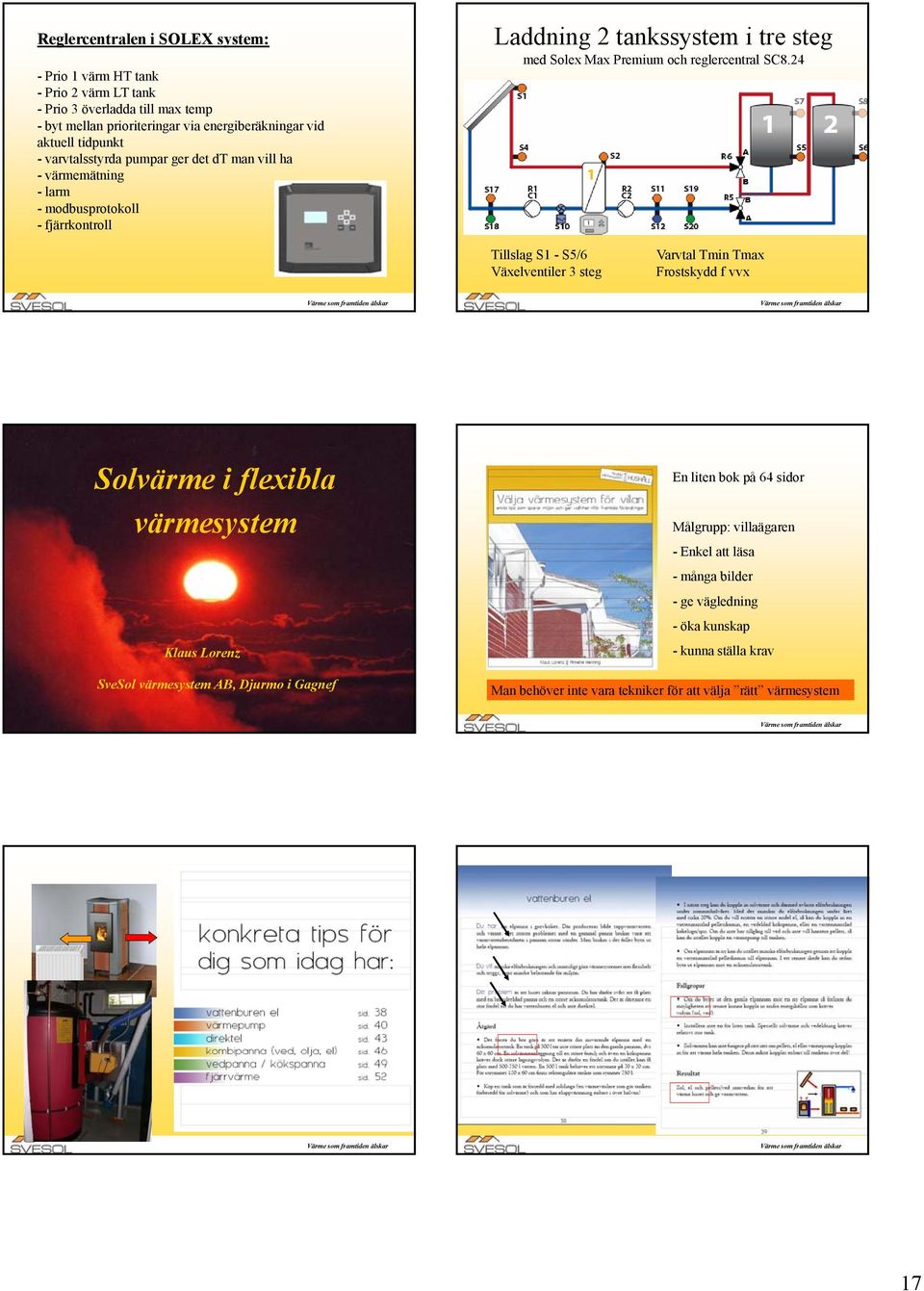 24 Tillslag S1 - S5/6 Växelventiler 3 steg Varvtal Tmin Tmax Frostskydd f vvx Solvärme i flexibla värmesystem Klaus Lorenz SveSol värmesystem AB, Djurmo i Gagnef En liten bok