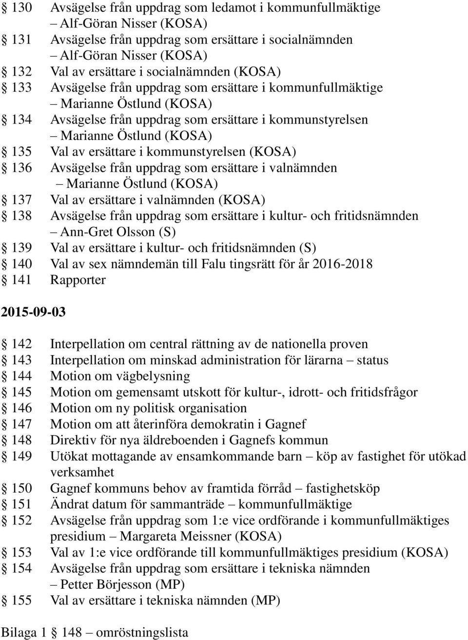 Avsägelse från uppdrag som ersättare i valnämnden 137 Val av ersättare i valnämnden (KOSA) 138 Avsägelse från uppdrag som ersättare i kultur- och fritidsnämnden Ann-Gret Olsson (S) 139 Val av