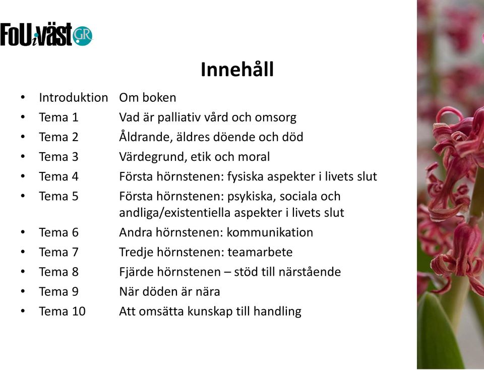 sociala och andliga/existentiella aspekter i livets slut Tema 6 Andra hörnstenen: kommunikation Tema 7 Tredje