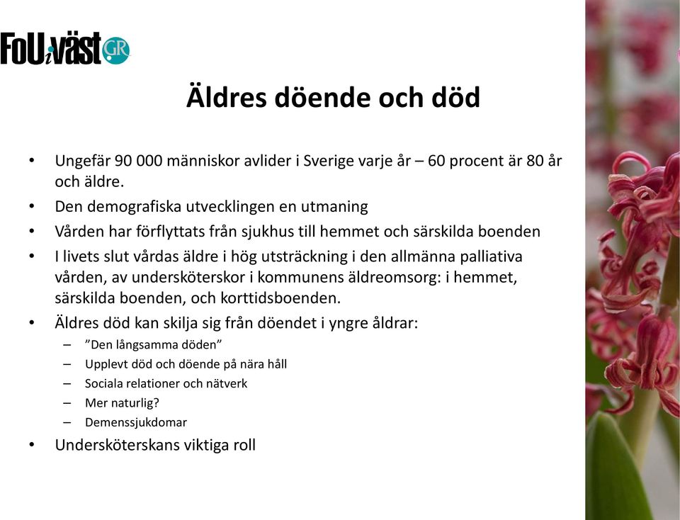 utsträckning i den allmänna palliativa vården, av undersköterskor i kommunens äldreomsorg: i hemmet, särskilda boenden, och korttidsboenden.