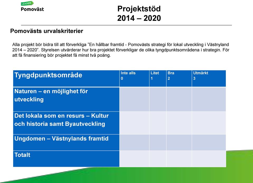 Styrelsen utvärderar hur bra projektet förverkligar de olika tyngdpunktsområdena i strategin.