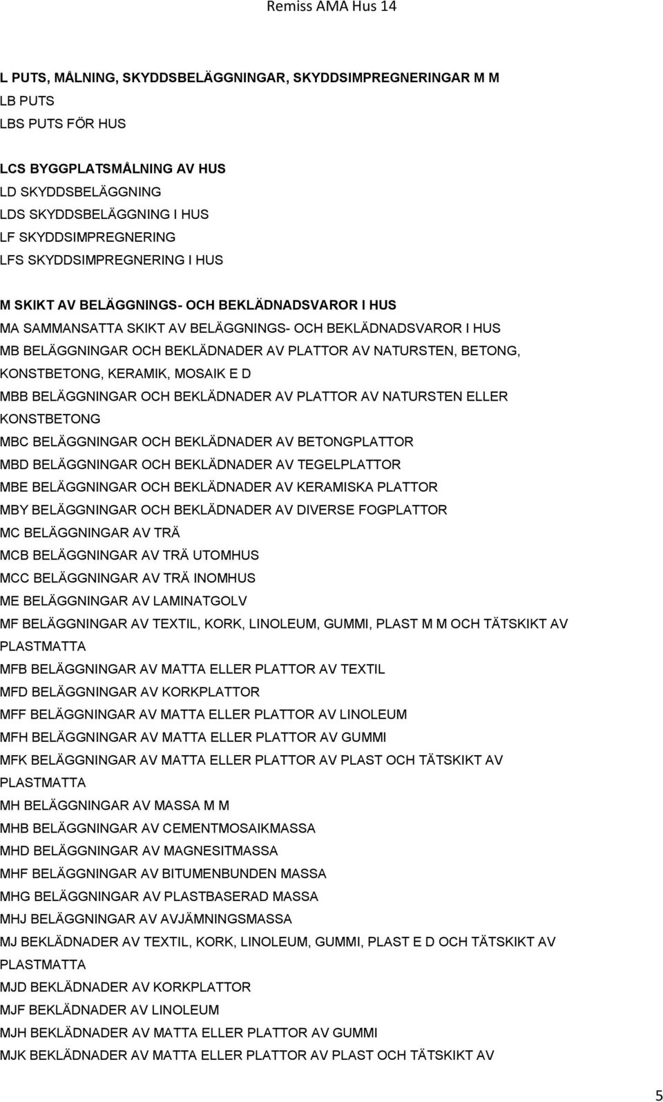 BETONG, KONSTBETONG, KERAMIK, MOSAIK E D MBB BELÄGGNINGAR OCH BEKLÄDNADER AV PLATTOR AV NATURSTEN ELLER KONSTBETONG MBC BELÄGGNINGAR OCH BEKLÄDNADER AV BETONGPLATTOR MBD BELÄGGNINGAR OCH BEKLÄDNADER