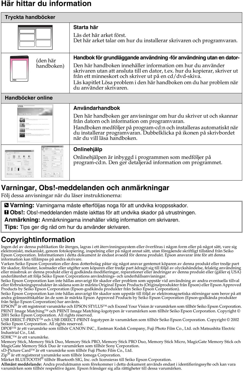 hur du kopierar, skriver ut från ett minneskort och skriver ut på en cd/dvdskiva. Läs kapitlet Lösa problem i den här handboken om du har problem när du använder skrivaren.
