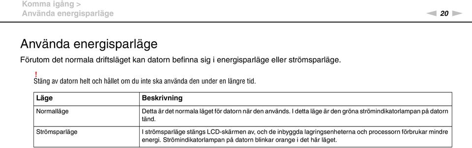Läge ormalläge Strömsparläge Beskrivning Detta är det normala läget för datorn när den används.