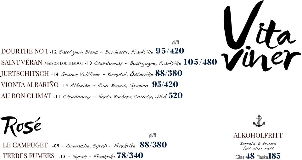 Spanien 95/420 AU BON CLIMAT -11 Chardonnay - Santa Barbara County, USA 520 gl/fl Vita viner Roseä LE CAMPUGET -09 Grenache,