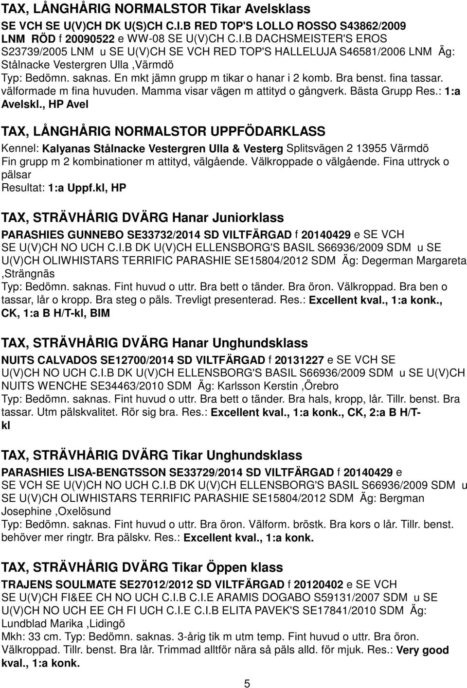 , HP Avel TAX, LÅNGHÅRIG NORMALSTOR UPPFÖDARKLASS Kennel: Kalyanas Stålnacke Vestergren Ulla & Vesterg Splitsvägen 2 13955 Värmdö Fin grupp m 2 kombinationer m attityd, välgående.