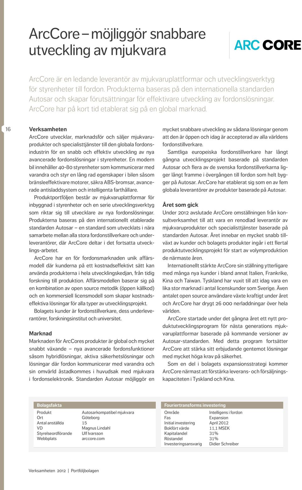 16 Verksamheten ArcCore utvecklar, marknadsför och säljer mjukvaruprodukter och specialisttjänster till den globala fordonsindustrin för en snabb och effektiv utveckling av nya avancerade