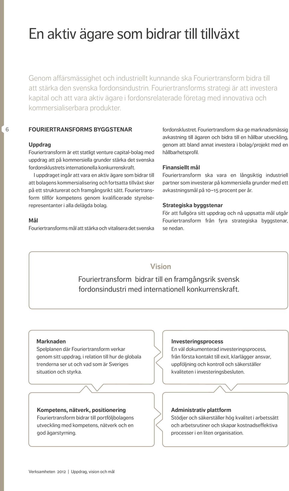 6 Fouriertransforms byggstenar Uppdrag Fouriertransform är ett statligt venture capital-bolag med uppdrag att på kommersiella grunder stärka det svenska fordonsklustrets internationella