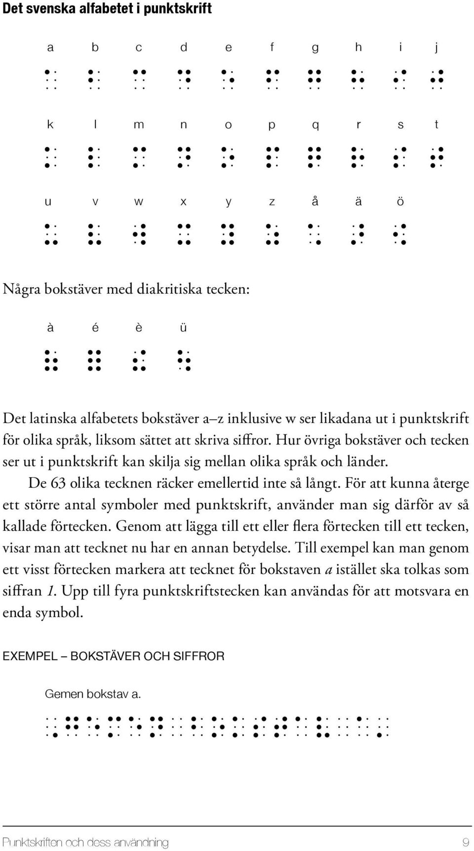 Hur övriga bokstäver och tecken ser ut i punktskrift kan skilja sig mellan olika språk och länder. De 63 olika tecknen räcker emellertid inte så långt.