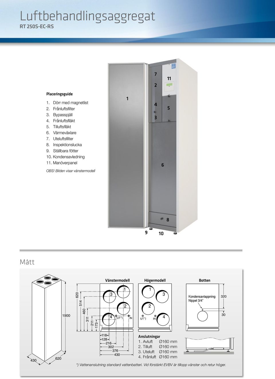 Bilden visar vänstermodell 1 4 3 6 5 8 9 1 Mått Vänstermodell Högermodell Botten 62 514 3 1 2 1 2 3 Kondensavtappning Nippel 3/4 32 46 311 4 UT*) IN