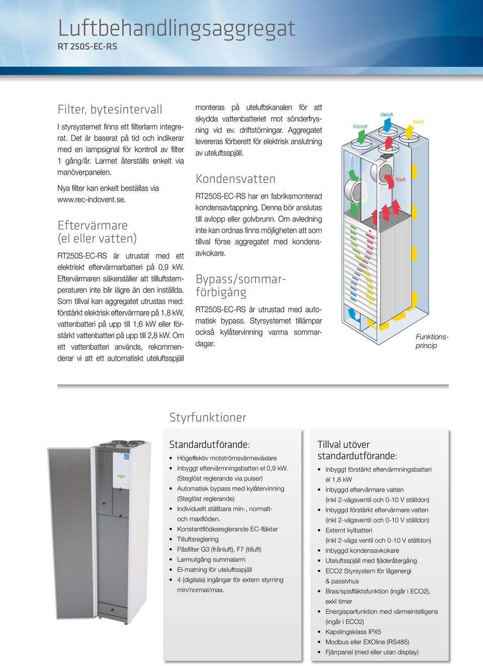 Eftervärmare (el eller vatten) RT25S-EC-RS är utrustat med ett elektriskt eftervärmarbatteri på,9 kw. Eftervärmaren säkerställer att tillluftstemperaturen inte blir lägre än den inställda.