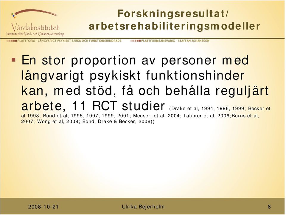 studier (Drake et al, 1994, 1996, 1999; Becker et al 1998; Bond et al, 1995, 1997, 1999, 2001;