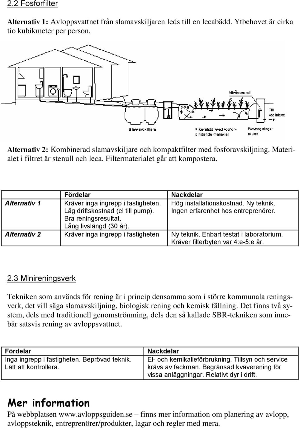 Alternativ 1 Kräver inga ingrepp i fastigheten. Låg driftskostnad (el till pump). Hög installationskostnad. Ny teknik. Ingen erfarenhet hos entreprenörer. Bra reningsresultat. Lång livslängd (30 år).