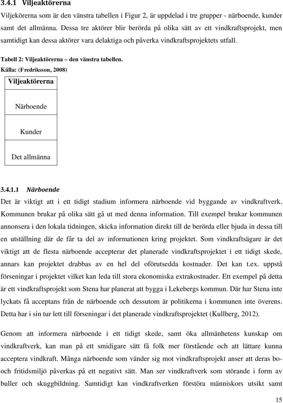 Tabell 2: Viljeaktörerna den vänstra tabellen. Källa: (Fredriksson, 2008) Viljeaktörerna Närboende Kunder Det allmänna 3.4.1.