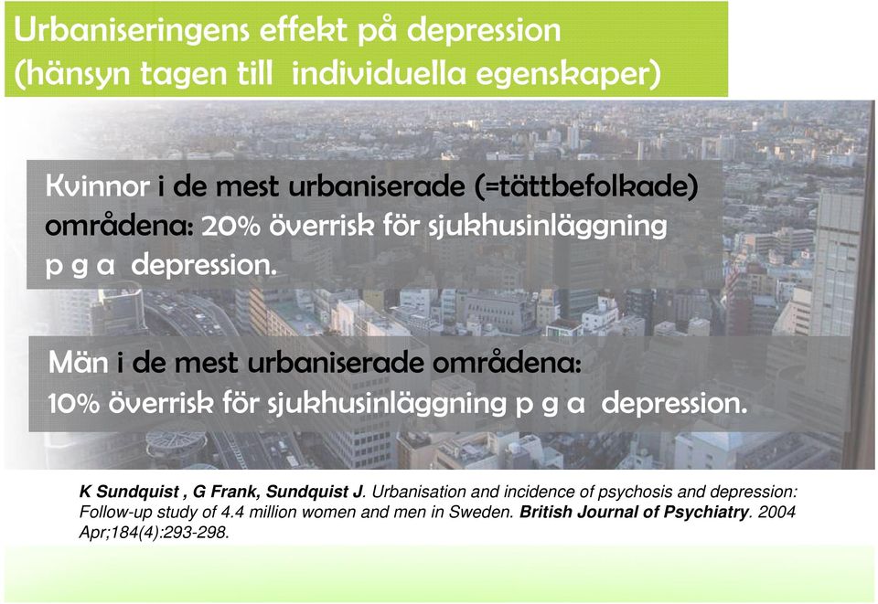 Män i de mest urbaniserade områdena: 10% överrisk för sjukhusinläggning p g a depression.