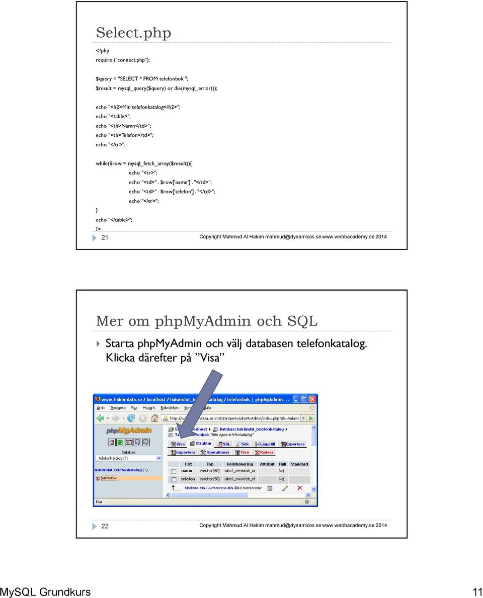 echo "<table>"; echo "<th>namn</td>"; echo "<th>telefon</td>"; echo "</tr>"; while($row = mysql_fetch_array($result)){ echo "<tr>";