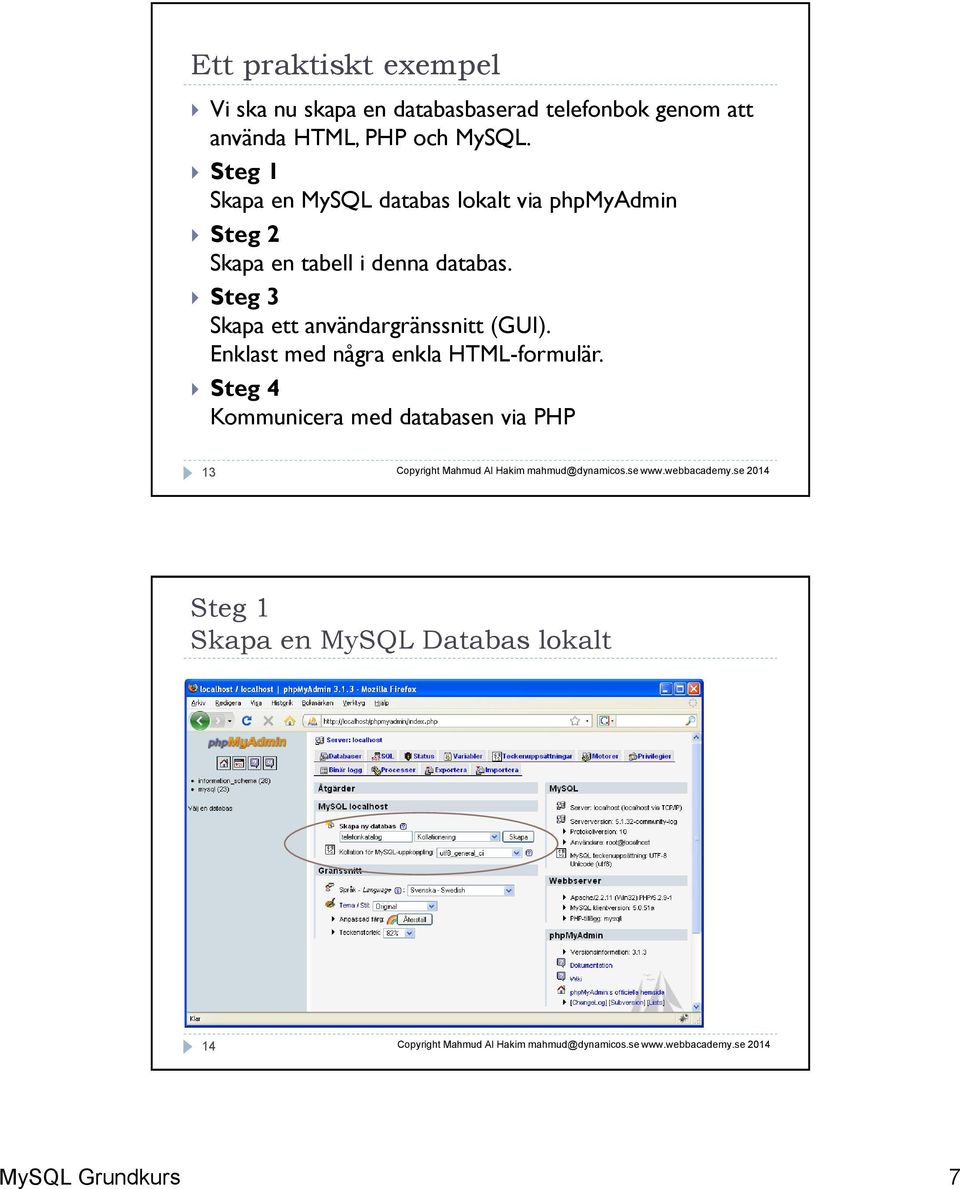 Steg 1 Skapa en MySQL databas lokalt via phpmyadmin Steg 2 Skapa en tabell i denna databas.
