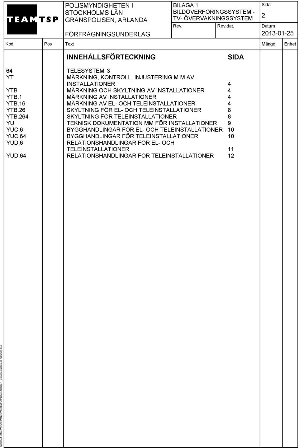 264 SKYLTNING FÖR TELEINSTALLATIONER 8 YU TEKNISK DOKUMENTATION MM FÖR INSTALLATIONER 9 YUC.6 BYGGHANDLINGAR FÖR EL- OCH TELEINSTALLATIONER 10 YUC.