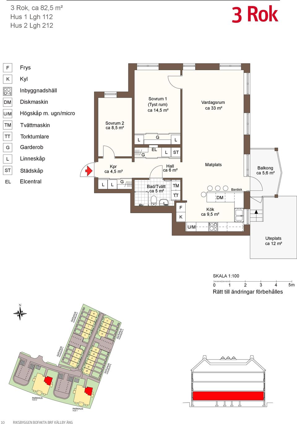 ca 4,5 m² ca 6 m² E Matplats Balkong ca 5,6 m² E Elcentral Bad/Tvätt ca 5 m² Bardisk ök ca 9,5 m² Uteplats ca 12 m² SAA 1:100 0 1 2 3 4 5m