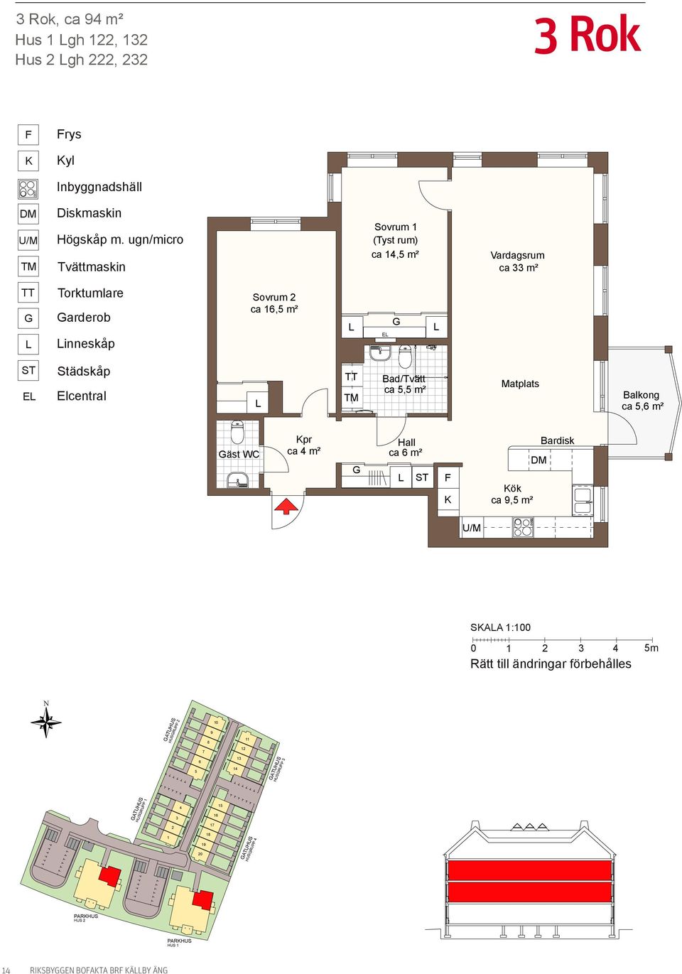 Elcentral Bad/Tvätt ca 5,5 m² Matplats Balkong ca 5,6 m² äst WC pr ca 4 m² Hall ca 6 m² Bardisk ök ca 9,5 m² SAA 1:100 0 1 2 3 4 5m Rätt