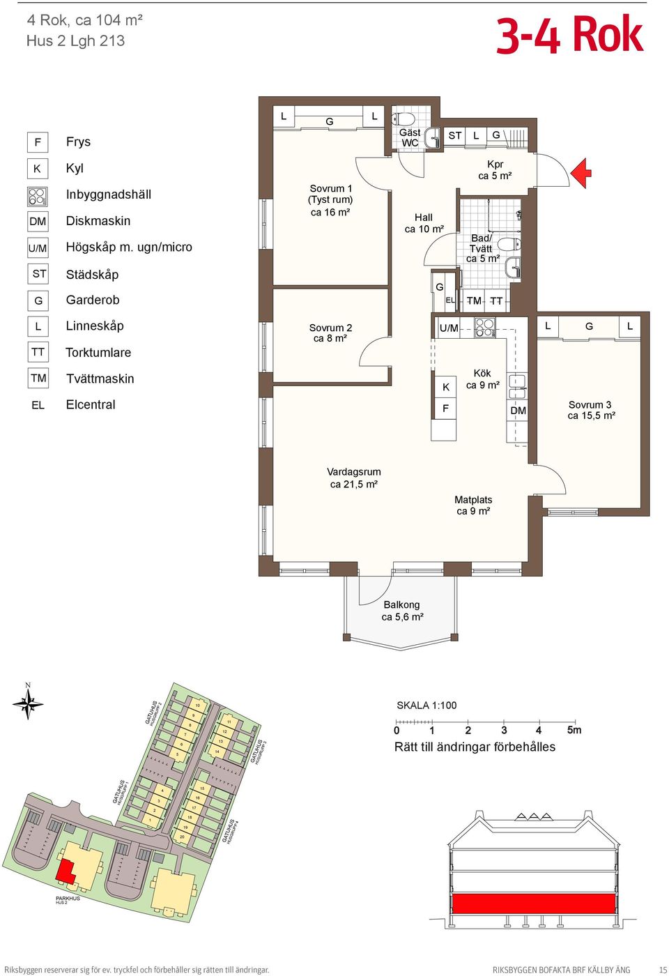 Elcentral ök ca 9 m² Sovrum 3 ca 15,5 m² Vardagsrum ca 21,5 m² Matplats ca 9 m² Balkong ca 5,6 m² N HUSRUPP 2 10 9 8 7 6 5 11 12 13 14 HUSRUPP 3 SAA 1:100 0