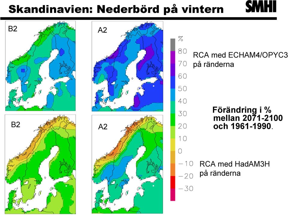 A2 Förändring i % mellan 2071-2100 och