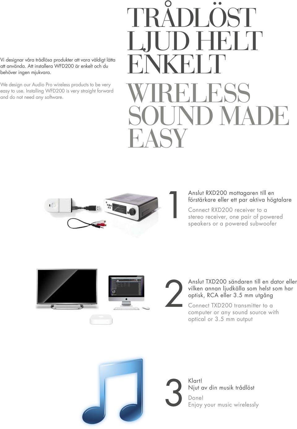 ENKELT WIRELESS SOUND MADE EASY 1 Anslut RXD200 mottagaren till en förstärkare eller ett par aktiva högtalare Connect RXD200 receiver to a stereo receiver, one pair of powered speakers or a