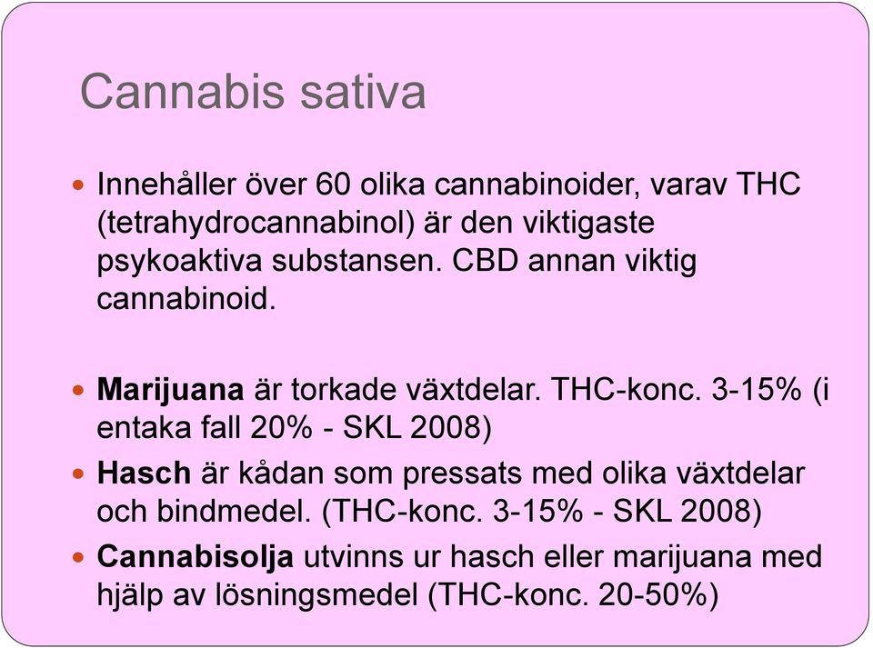 3-15% (i entaka fall 20% - SKL 2008) Hasch är kådan som pressats med olika växtdelar och bindmedel.